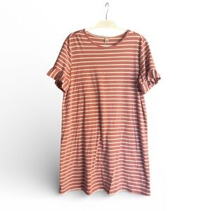 H&M Striped Babydoll Ruffle Sleeve Casual Tee Dress in Red and White L